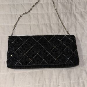 franchi Vintage Black Pearly Blue Silver Tone Chain Beaded Evening Bag Clutch